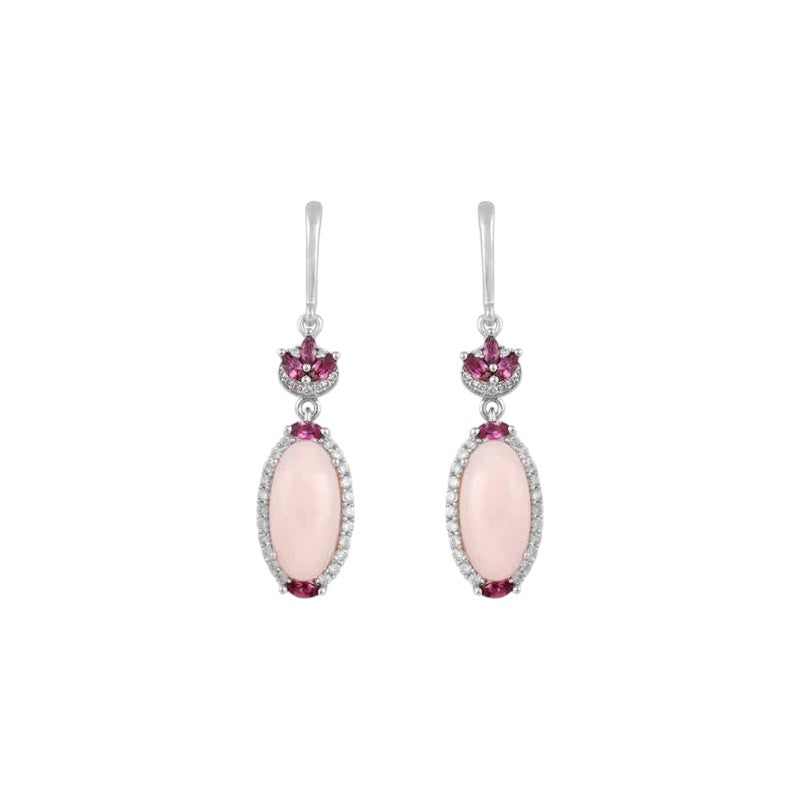Sophia Schneider Joyas silver earrings with pink opal, rhodolite, and zircon accents. Oval drop design.