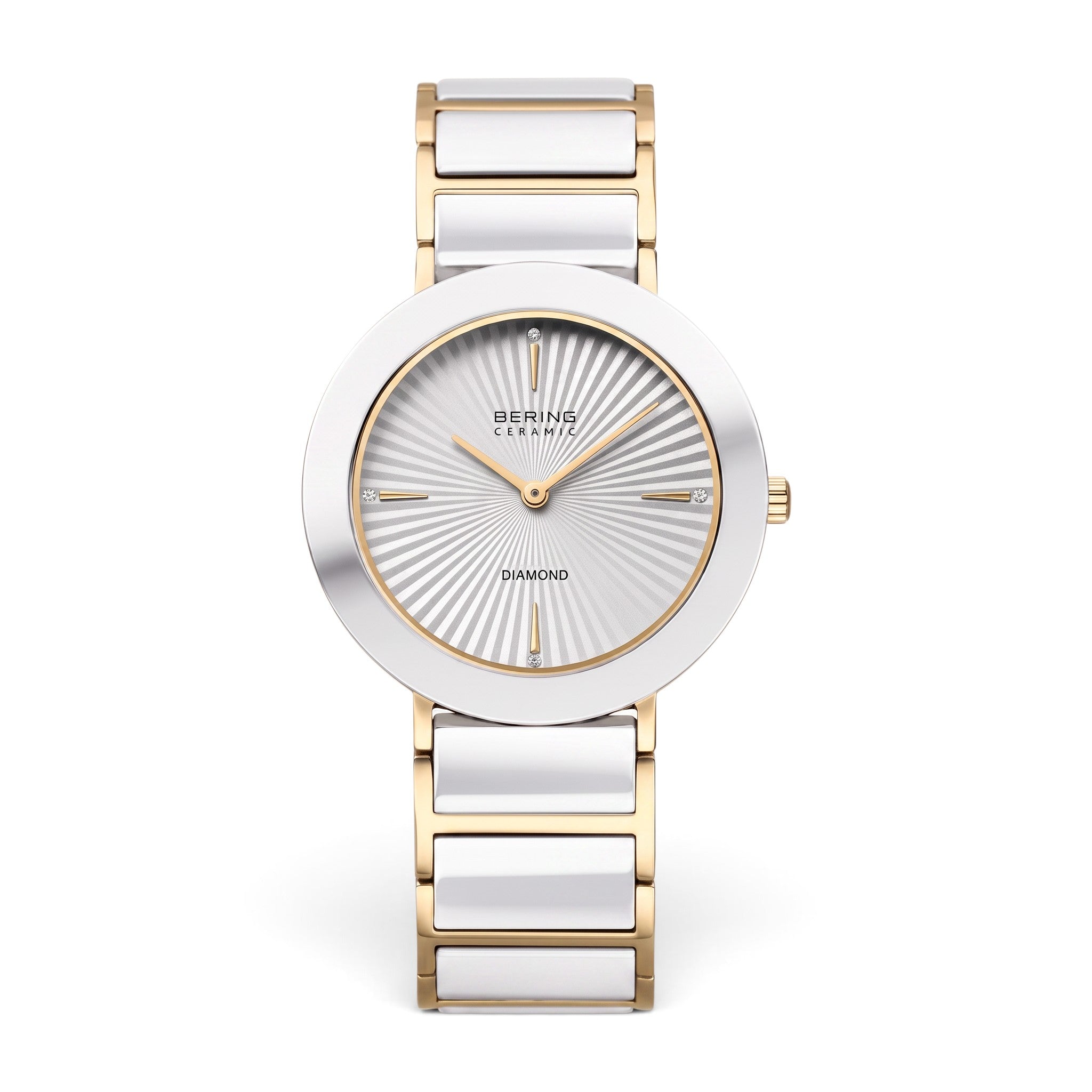 Reloj Bering Ceramic para mujer con esfera blanca, detalles dorados, correa de cerámica y acero inoxidable.