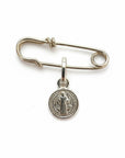 Sophia Schneider Joyas silver safety pin brooch with San Benito medal, 3.8cm long.