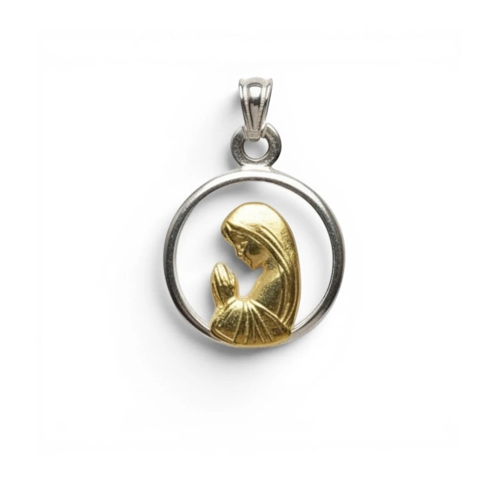 Sophia Schneider Joyas round pendant with praying Virgin Mary in gold and silver, 12mm