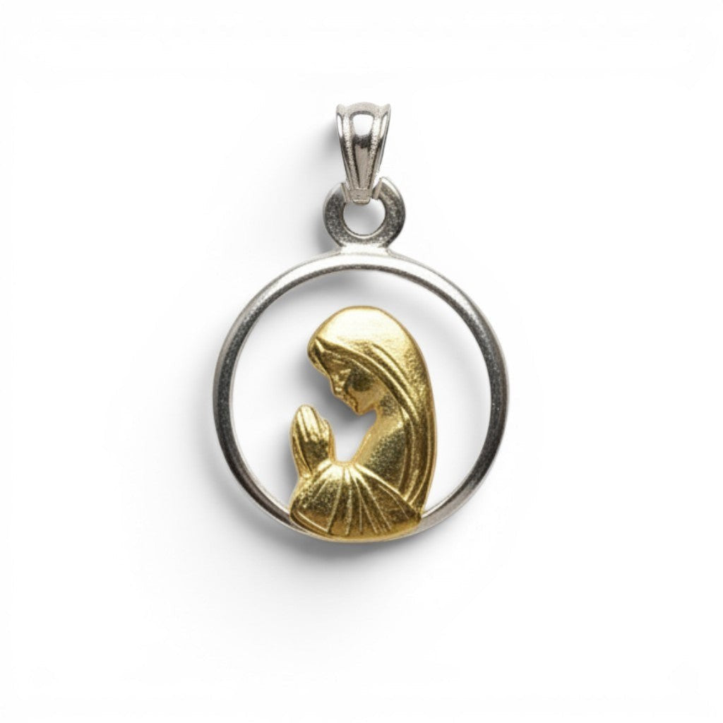 Sophia Schneider Joyas round pendant with praying Virgin Mary in gold and silver, 12mm