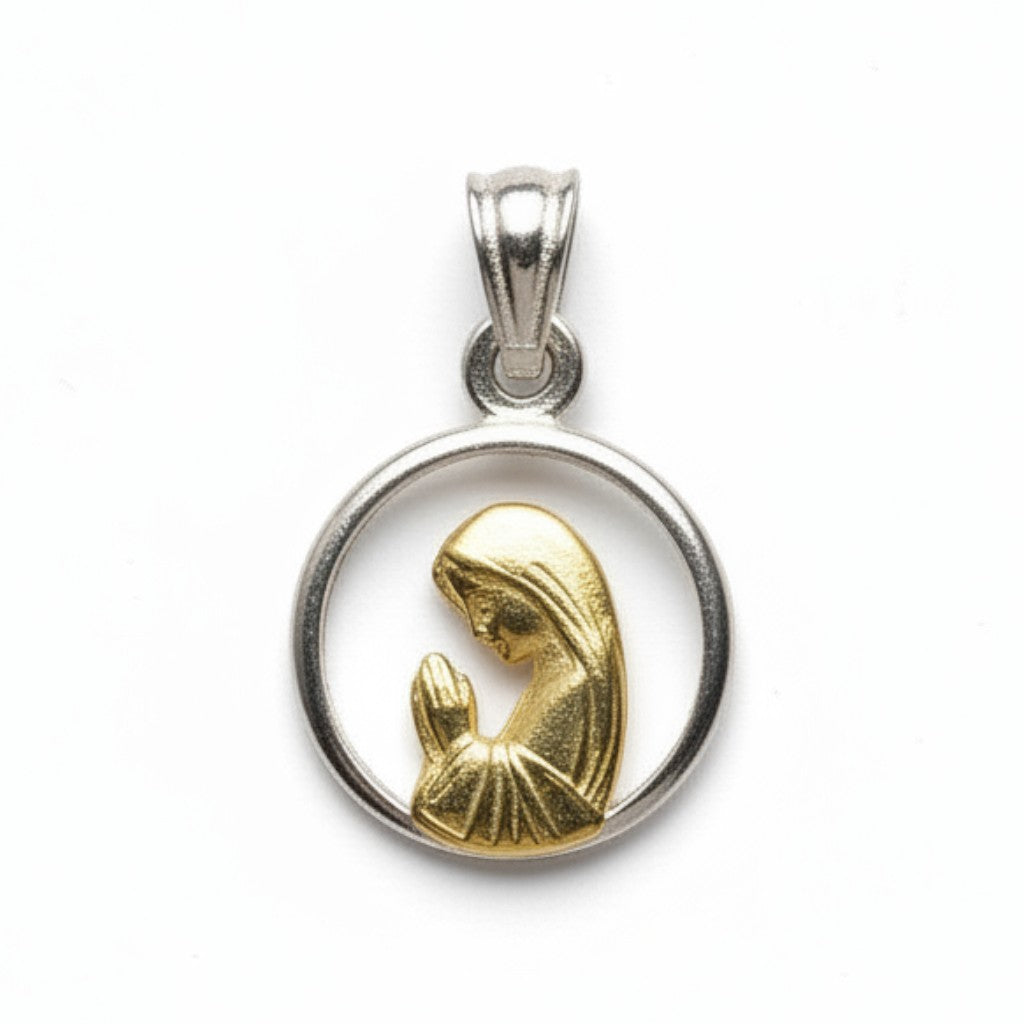Sophia Schneider Joyas round silver and gold-plated pendant with praying Virgin Mary, 12mm.