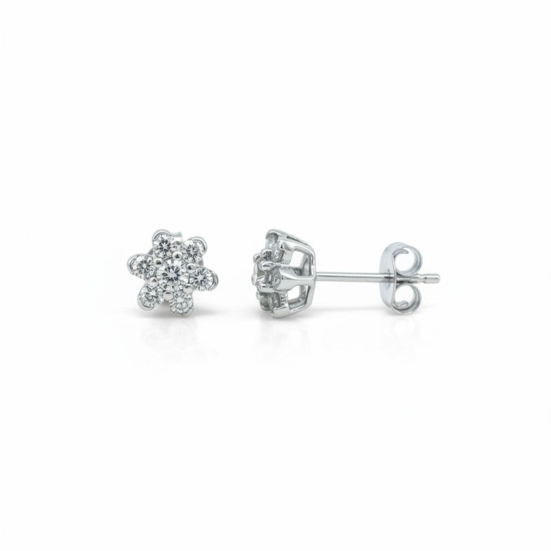 Sophia Schneider Joyas white gold 10K flower stud earrings with 7 brilliant-cut diamonds, 6mm.