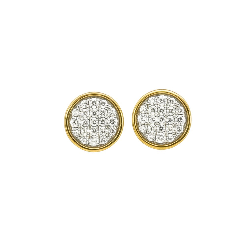 Sophia Schneider Joyas 10K yellow gold stud earrings with circular diamond setting, 7mm diameter.