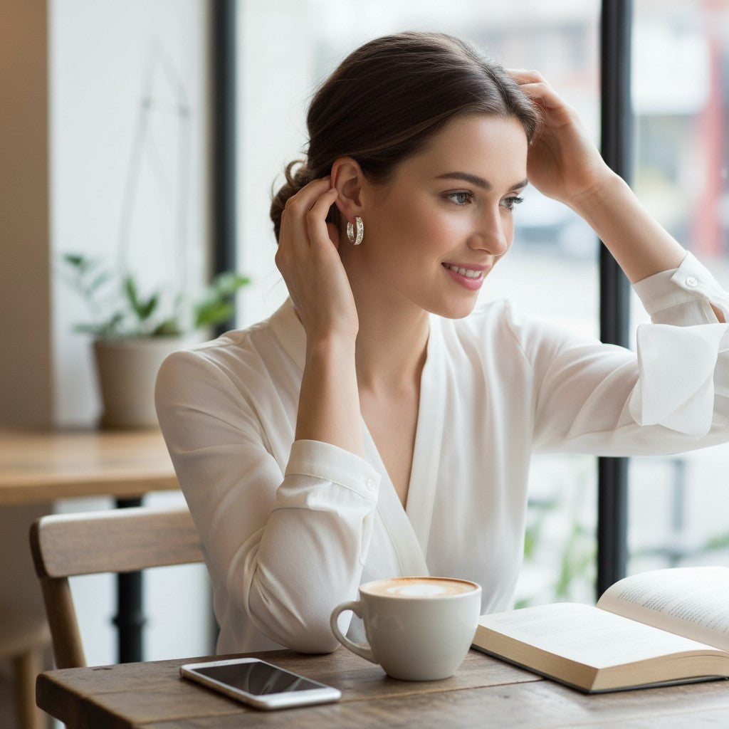 Sophia Schneider Joyas 10K white gold hoop earrings with 0.05 ct brilliant cut diamonds.