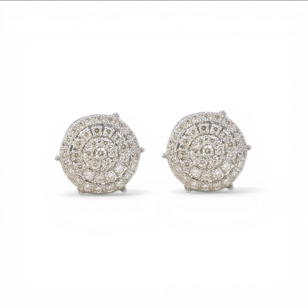 Sophia Schneider Joyas 10K white gold pave stud earrings with 0.20 ct diamonds, 10mm diameter.
