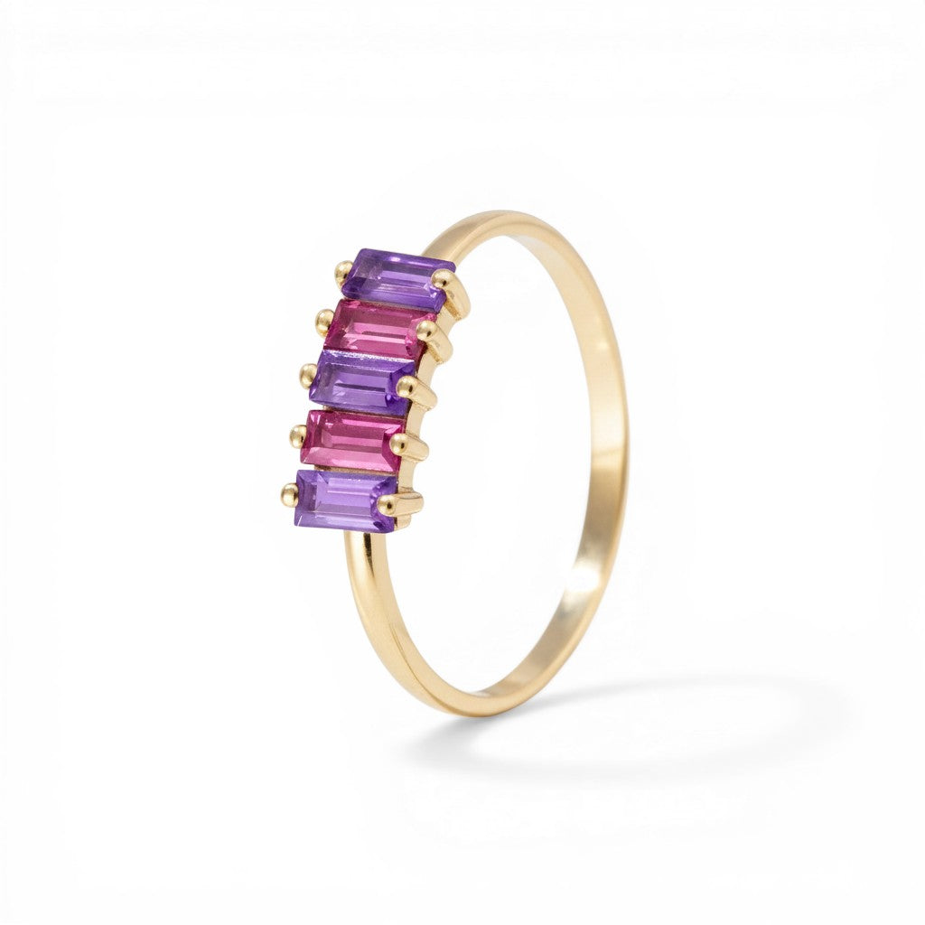 Sophia Schneider Joyas 14K gold ring with alternating amethyst and rhodolite baguette-cut stones.