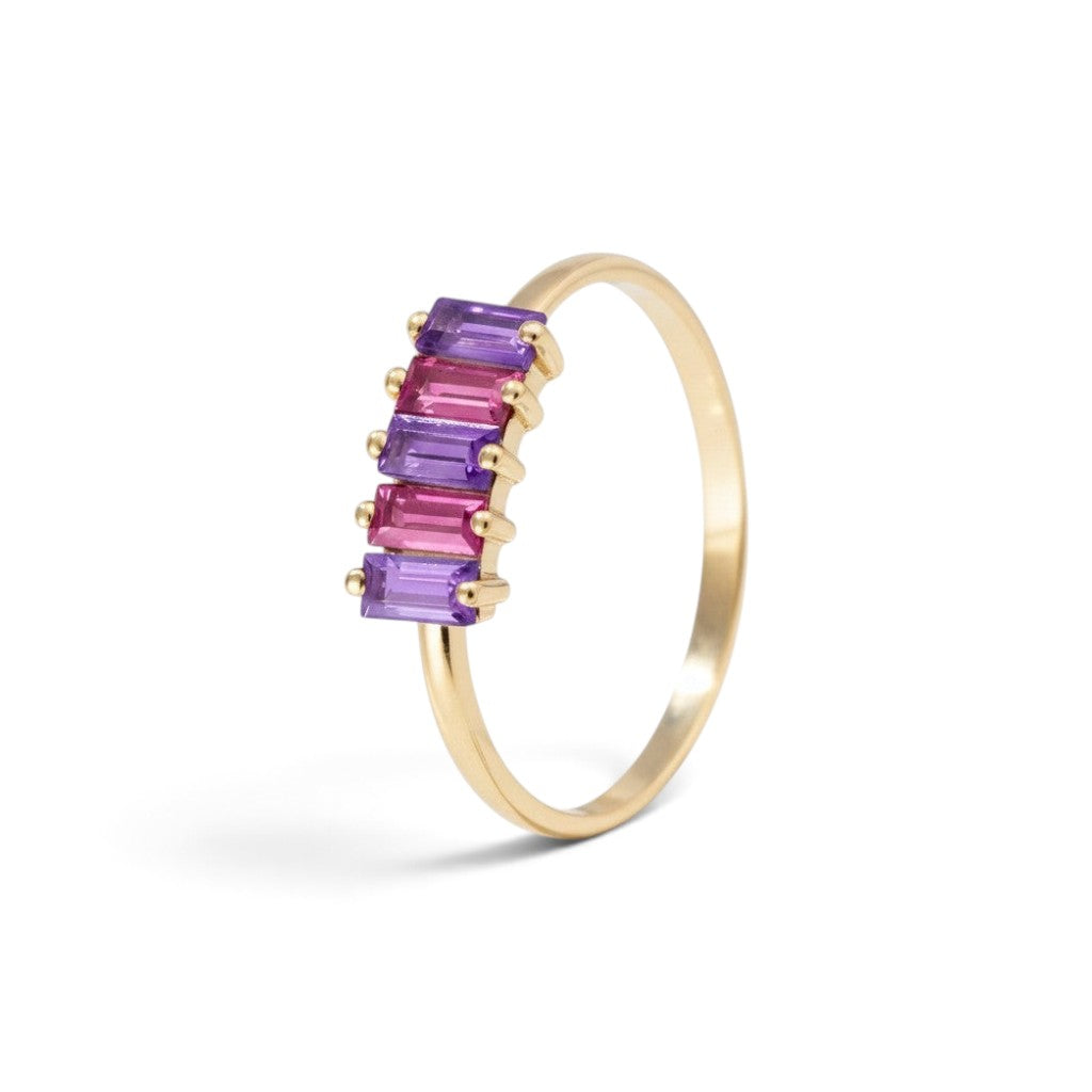 Sophia Schneider Joyas 14K gold ring with alternating amethyst and rhodolite baguette-cut stones.