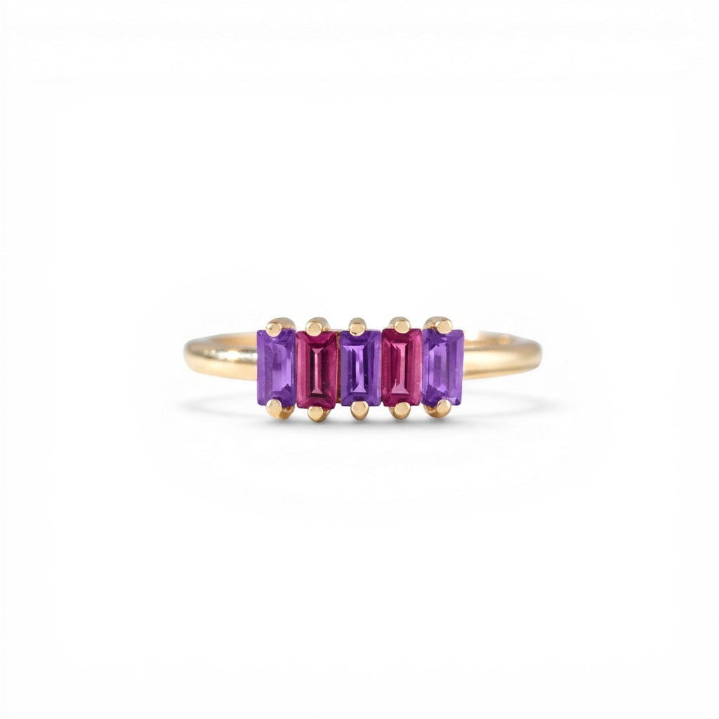 Sophia Schneider Joyas 14K gold ring with five baguette-cut amethyst and rhodolite stones.