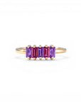 Sophia Schneider Joyas 14K gold ring with five baguette-cut amethyst and rhodolite stones.