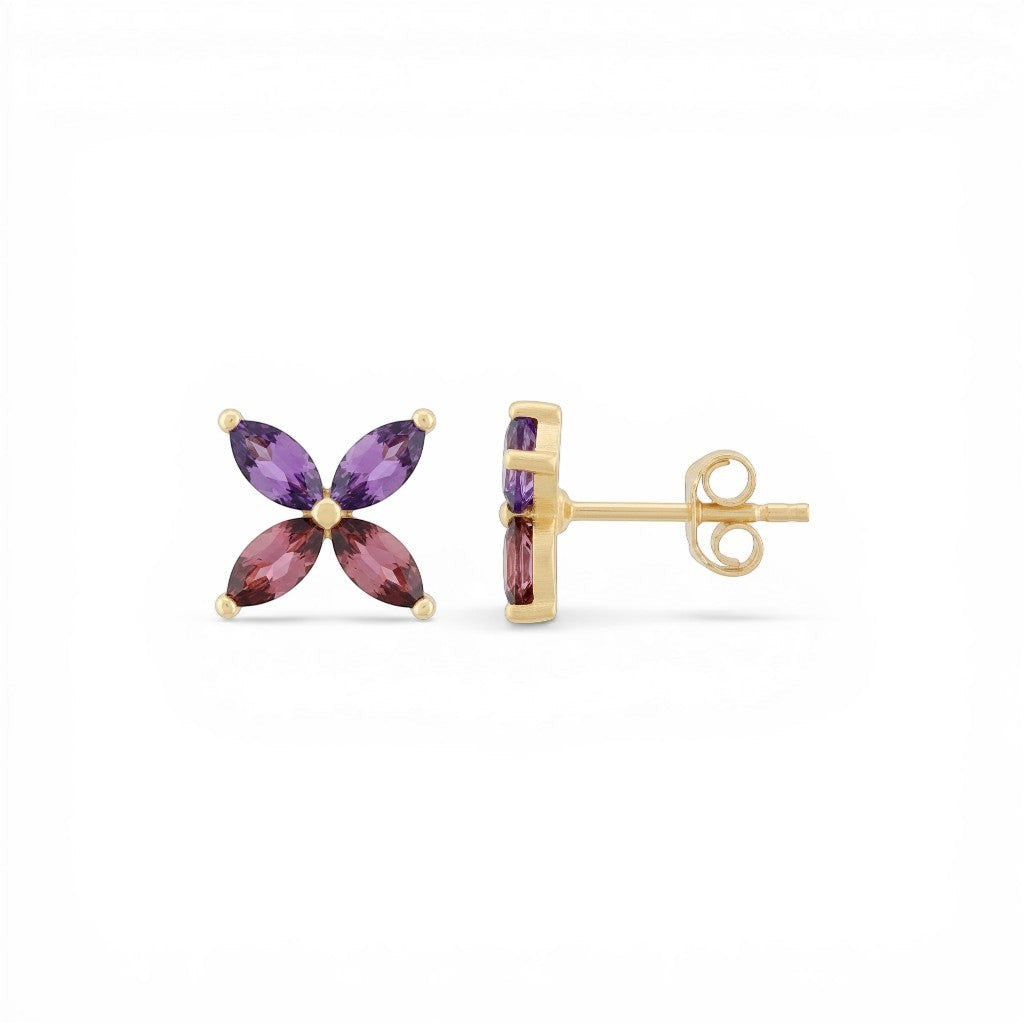 Sophia Schneider Joyas 14K gold stud earrings with marquise-cut amethyst and rhodolite stones arranged in a floral design.
