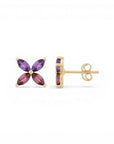 Sophia Schneider Joyas 14K gold stud earrings with marquise-cut amethyst and rhodolite stones arranged in a floral design.