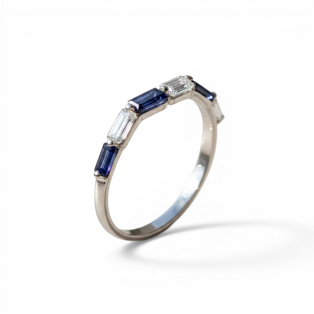 Sophia Schneider Joyas 14K white gold ring with alternating baguette-cut iolite and cubic zirconia stones.