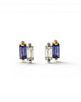 Sophia Schneider Joyas 14K gold earrings with rectangular Iolite and clear Cubic Zirconia stones.