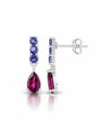 Sophia Schneider Joyas 14K gold drop earrings with blue iolite and pear-cut rhodolite gemstones.