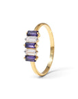 Sophia Schneider Joyas 14K gold ring with alternating purple iolite and clear zircon baguette stones.