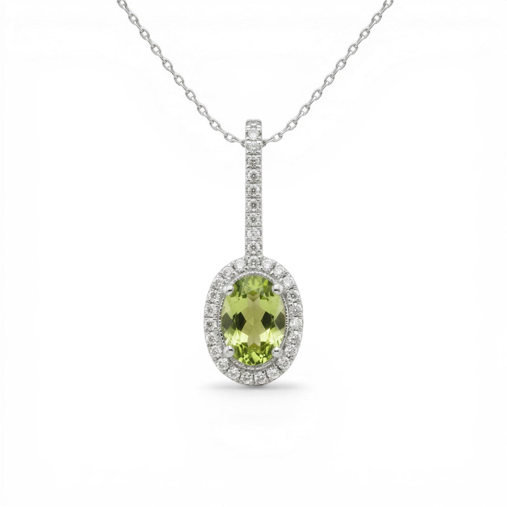 Sophia Schneider Joyas 14K white gold oval peridot pendant necklace with diamond halo