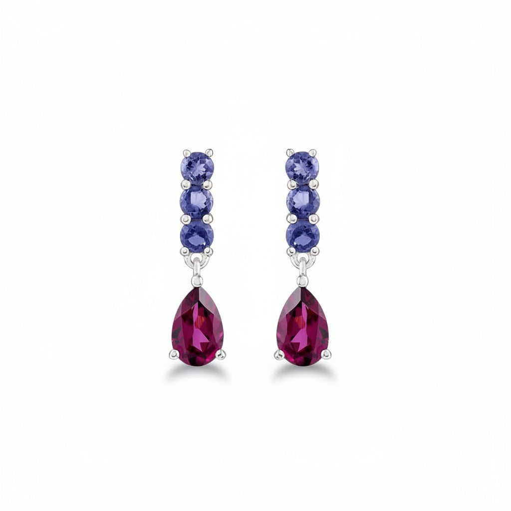 Sophia Schneider Joyas 14K gold earrings with pear-cut rhodolite and round iolite gemstones.