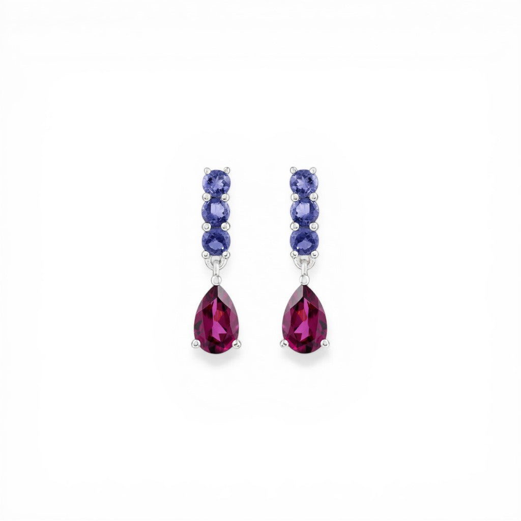 Sophia Schneider Joyas 14K gold drop earrings with pear-cut rhodolite and round iolite gemstones.