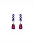 Sophia Schneider Joyas 14K gold drop earrings with pear-cut rhodolite and round iolite gemstones.