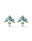 Sophia Schneider Joyas 14K gold earrings with marquise-cut blue topaz, clear cz, and diamonds. Elegant floral design.