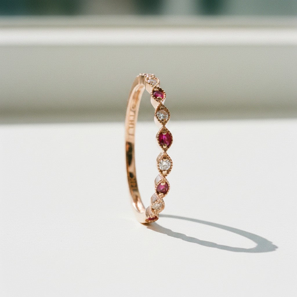 Sophia Schneider Joyas 14K rose gold ring with alternating marquise-cut rubies and round diamonds.