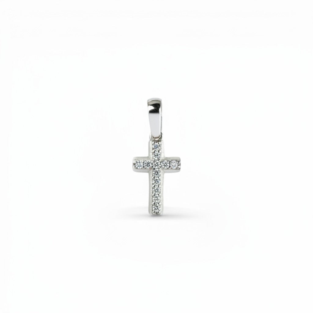Sophia Schneider Joyas 14K white gold cross pendant with cubic zirconia stones.