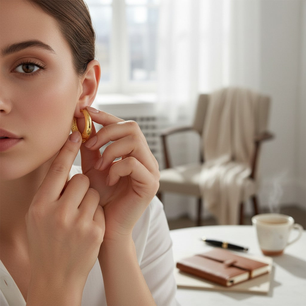 Sophia Schneider Joyas 18K gold curved profile hoop earrings, 15mm diameter, polished finish.
