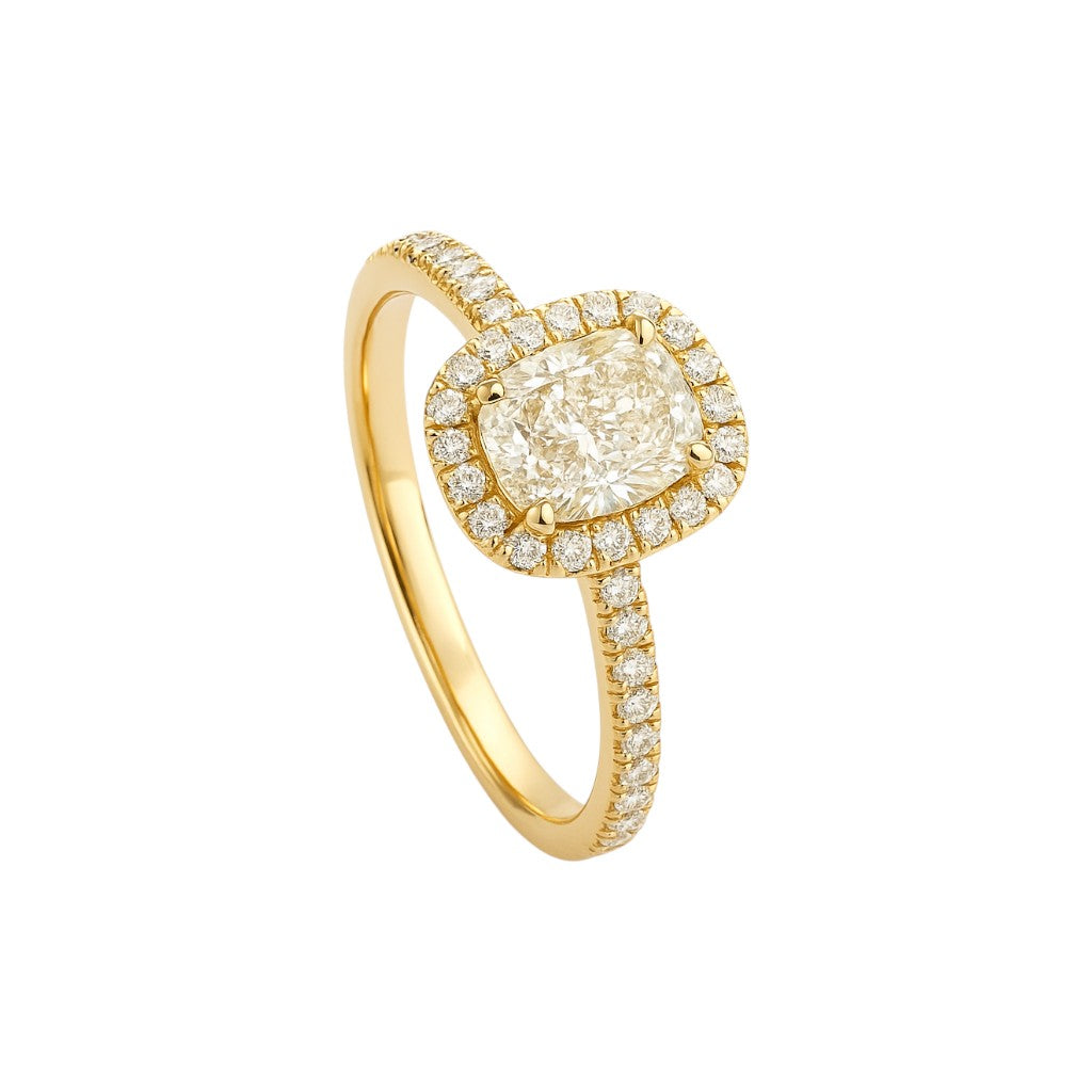 Sophia Schneider Joyas 18K gold ring with 1.06 ct cushion cut lab diamond center stone and halo.