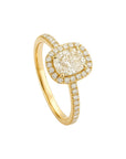 Sophia Schneider Joyas 18K gold ring with 1.06 ct cushion cut lab diamond center stone and halo.
