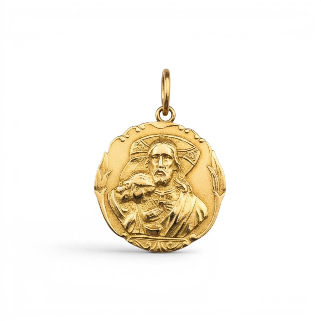 Sophia Schneider Joyas 18K gold Jesus and Mary relief medal, 17mm diameter, vintage religious pendant.