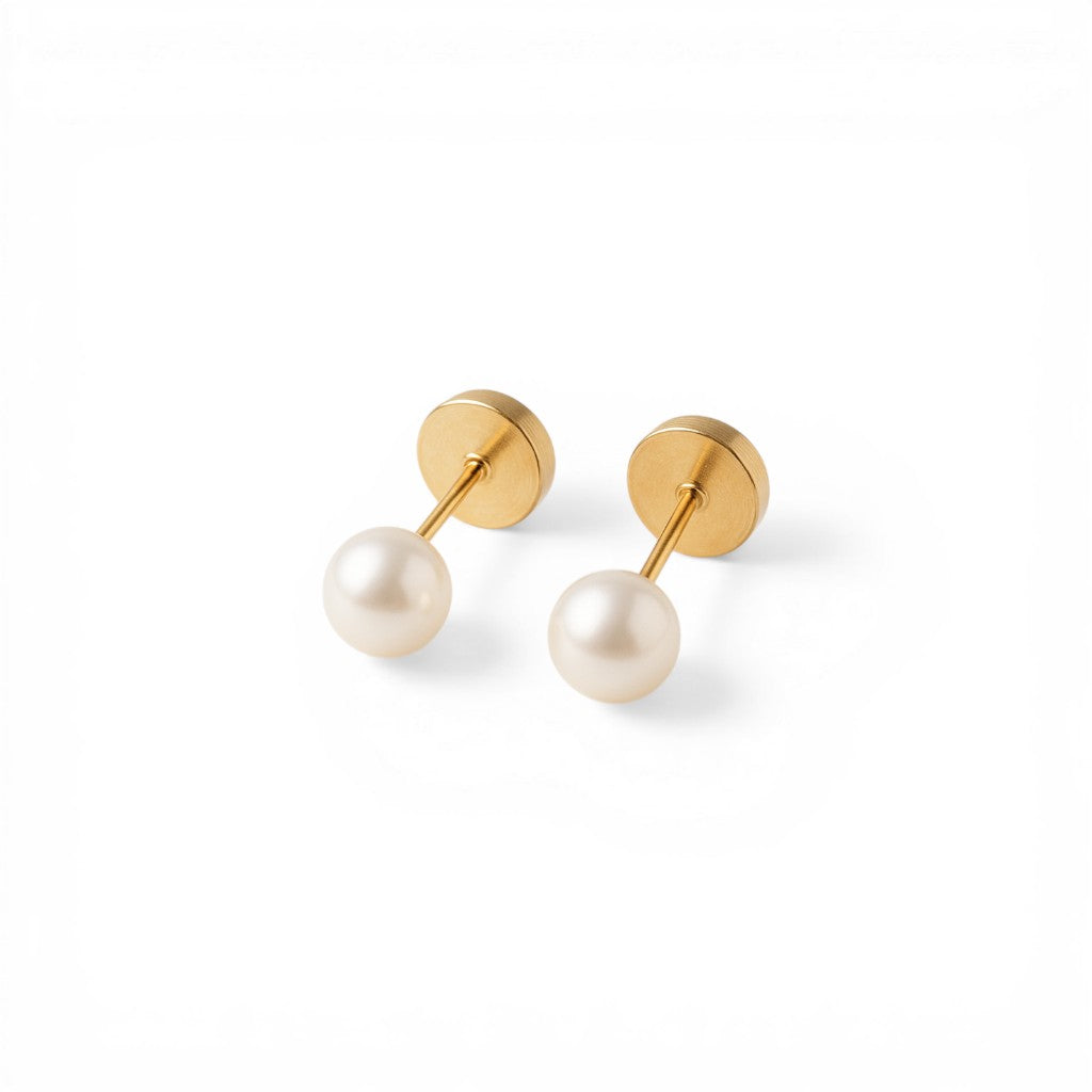 Sophia Schneider Joyas 18K yellow gold screw-back earrings with dangling white pearls.