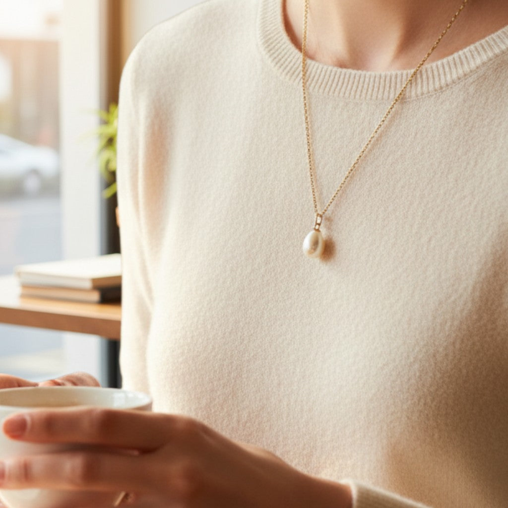 Sophia Schneider Joyas 18K gold necklace with a single oval pearl pendant, 41-45 cm chain.