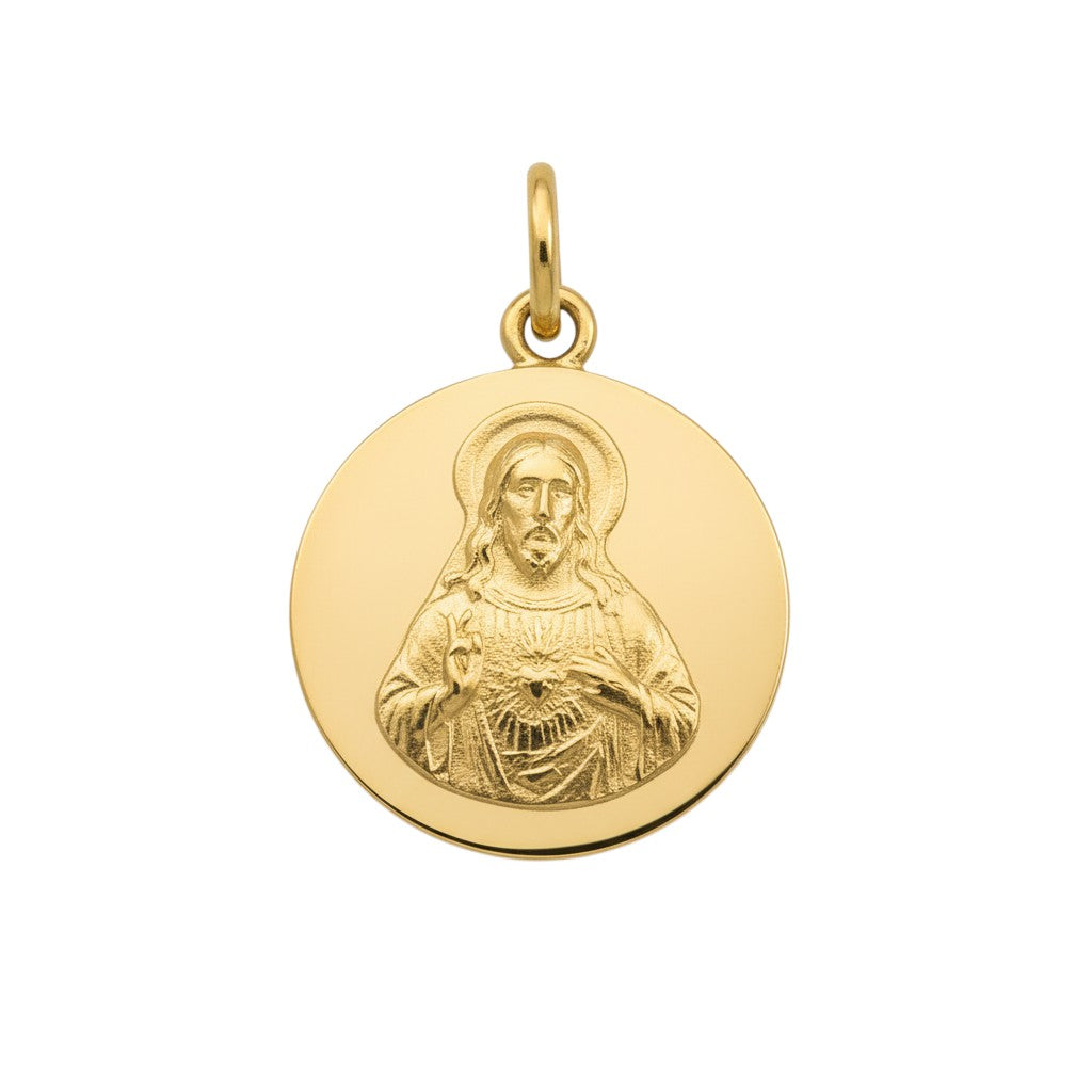 Sophia Schneider Joyas 18K gold scapular medal, 12mm, 1.8gr, featuring a relief of Jesus.