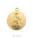 Sophia Schneider Joyas 18K gold scapular medal featuring a religious depiction of Mary and Jesus, 12mm diameter.