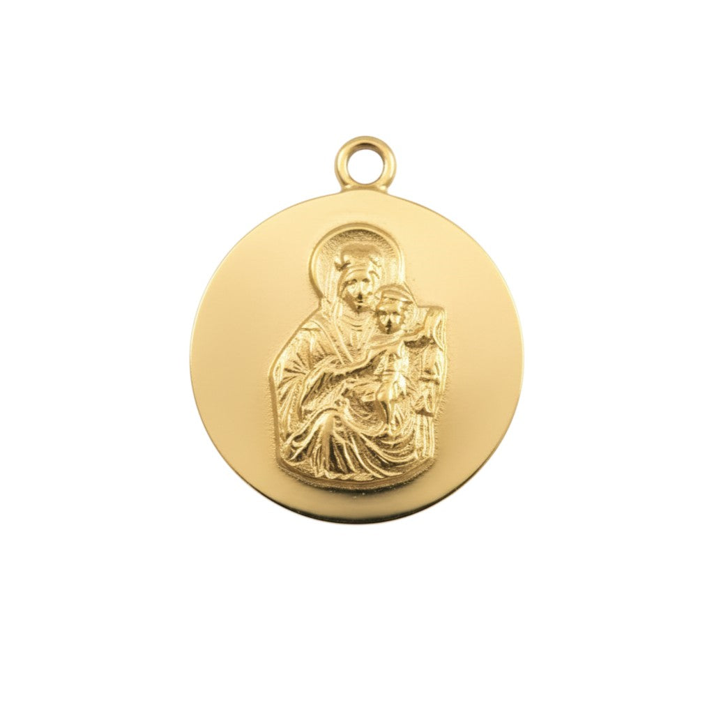 Sophia Schneider Joyas 18K gold scapular medal featuring a religious depiction of Mary and Jesus, 12mm diameter.