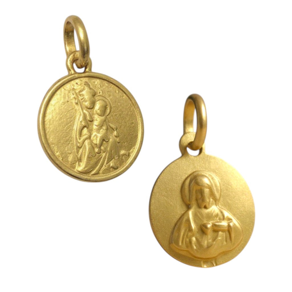 Sophia Schneider Joyas 18K yellow gold scapular pendant with religious engraving, 1.2 cm diameter.