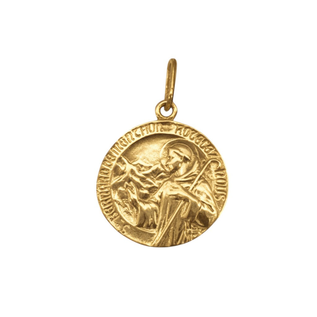 Sophia Schneider Joyas 18K gold St. Bernard medal, 17mm, depicting the saint with mountains and staff.