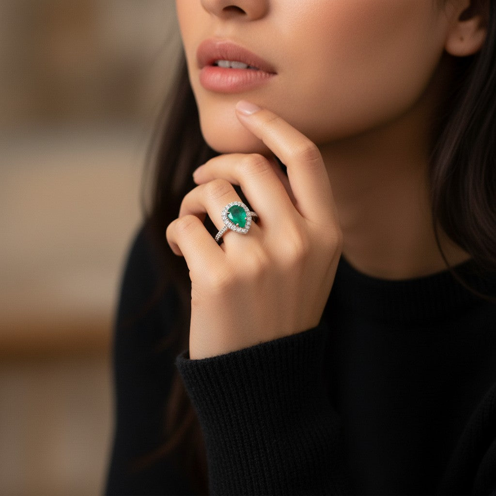 Anillo Sophia Schneider Joyas de platino con esmeralda central corte gota y halo de brillantes en la argolla.