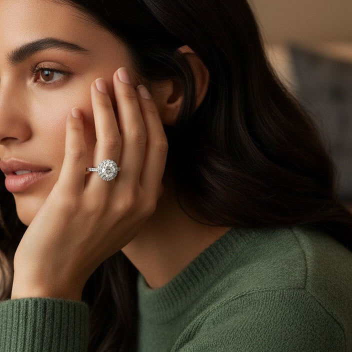 Anillo de platino Sophia Schneider Joyas con diamante central brillante de 0,50 ct y halo de diamantes pequeños. Diseño de grifa.