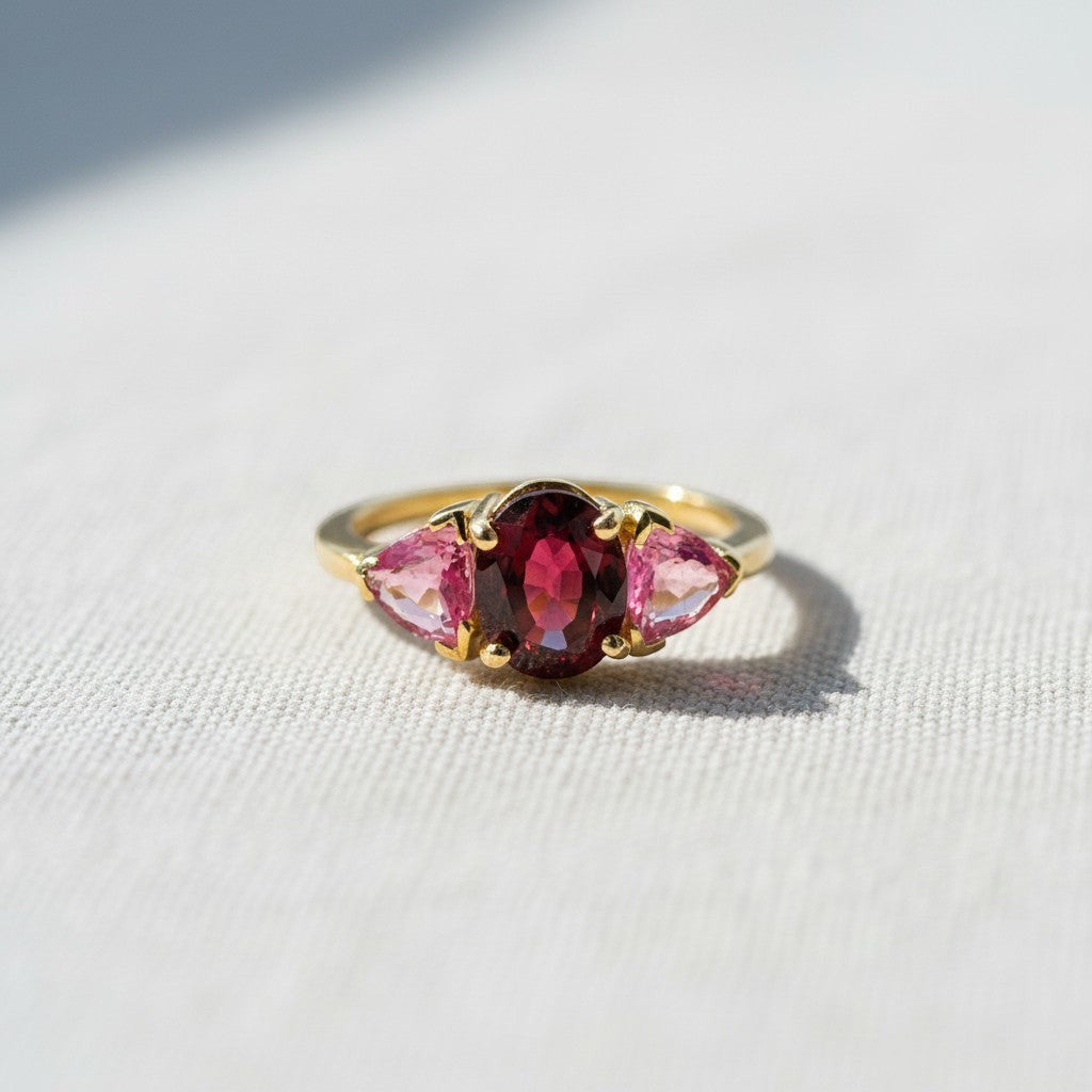 Anillo Sophia Schneider Joyas de oro 18K con rubelita oval central y zafiros rosados triangulares laterales.