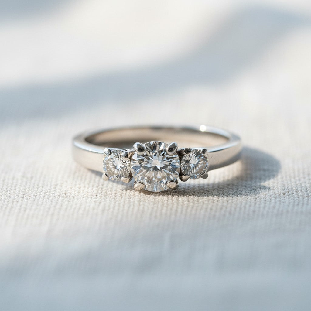 Anillo Tricillo de platino con tres diamantes naturales de corte brillante, el central de 0,47 ct y los laterales de 0,10 ct cada uno, de Sophia Schneider Joyas.