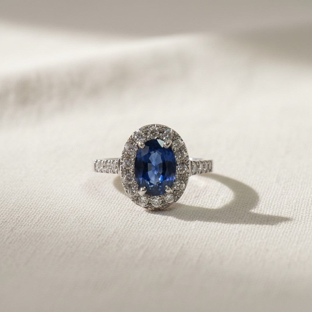 Anillo de platino Sophia Schneider Joyas con zafiro oval azul de 9x7 mm rodeado de diamantes en halo y brillantes en la argolla.