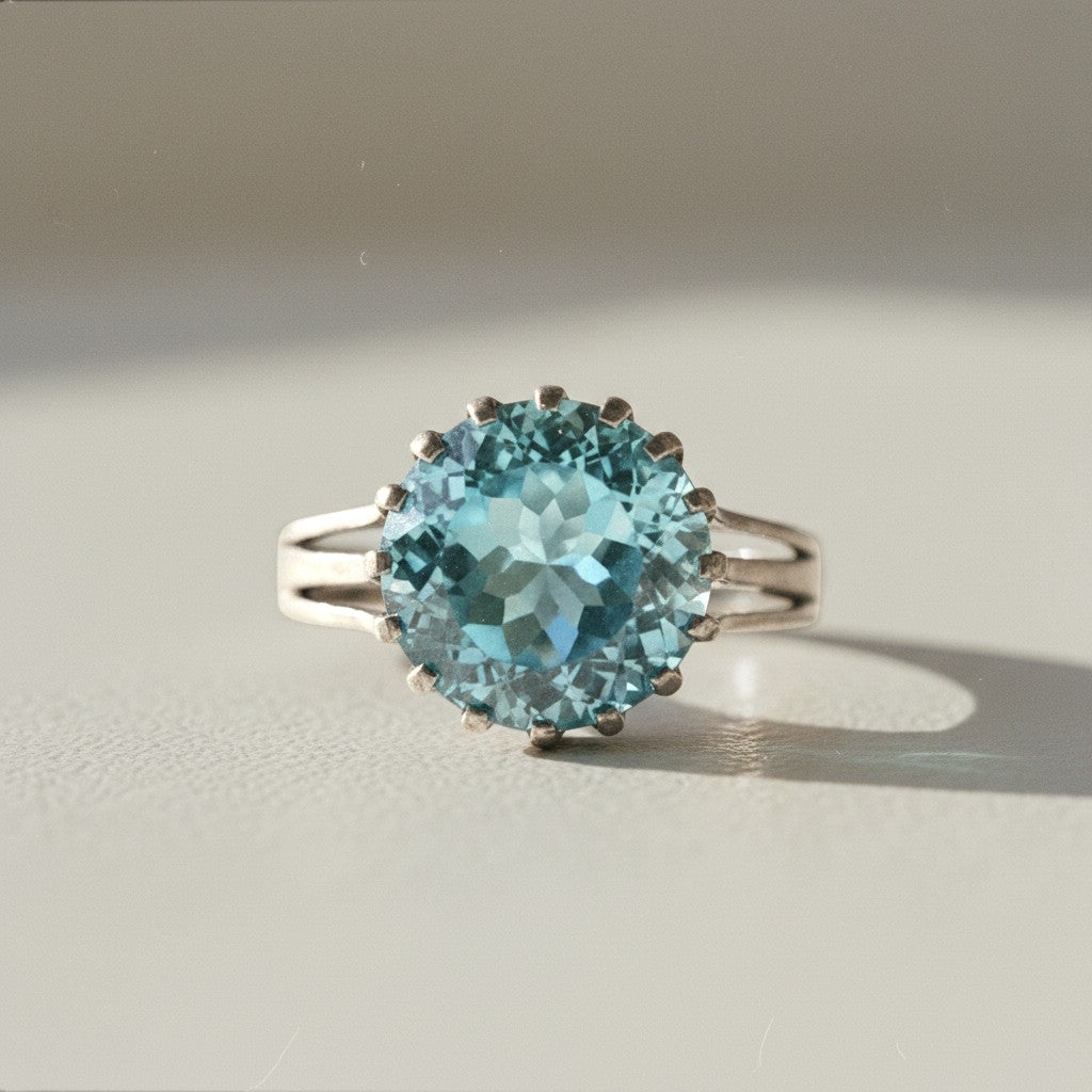 Sophia Schneider Joyas blue topaz crown ring with 13mm, 7.56ct stone and rhodium-plated silver.