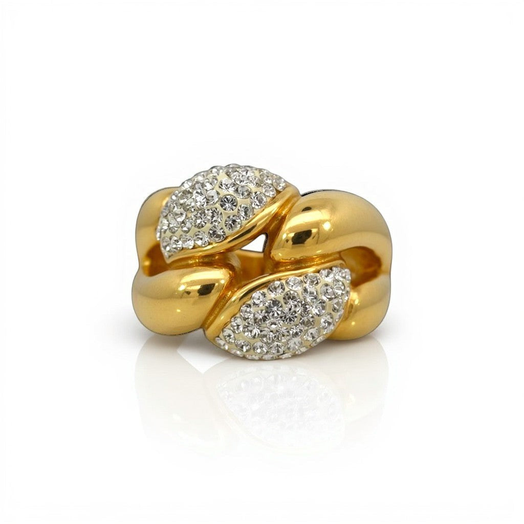 Sophia Schneider Joyas chunky gold-plated silver ring with braided design and pave crystal accents.