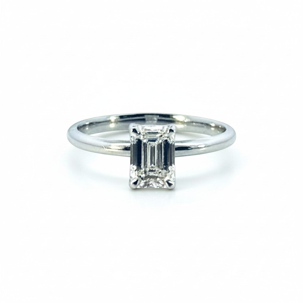 Sophia Schneider Joyas 1.02 ct emerald cut lab diamond solitaire ring in 18K white gold.