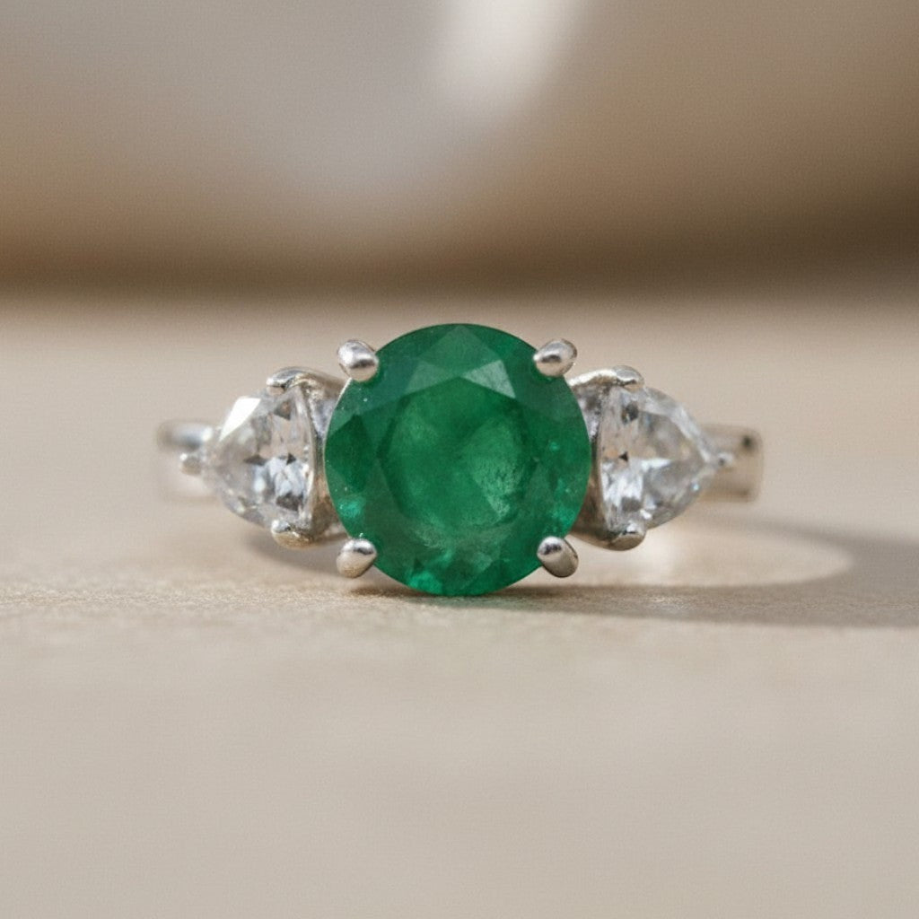 Sophia Schneider Joyas sterling silver ring with a central oval green emerald and two pear-cut white topaz stones.