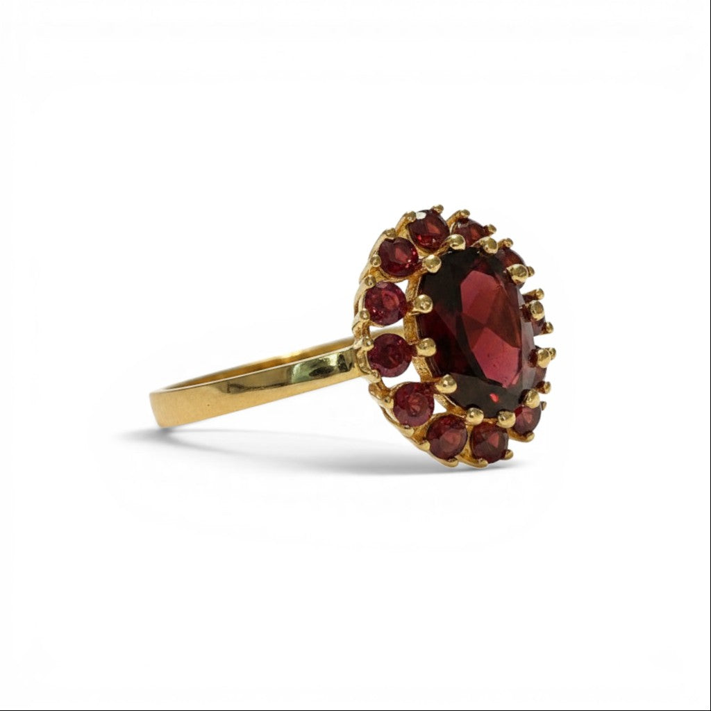Sophia Schneider Joyas 14K gold ring with oval garnet center stone surrounded by smaller garnets in a floral halo design.