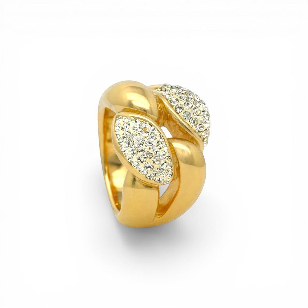 Sophia Schneider Joyas chunky gold-plated silver ring with pave crystal accents and braided design.