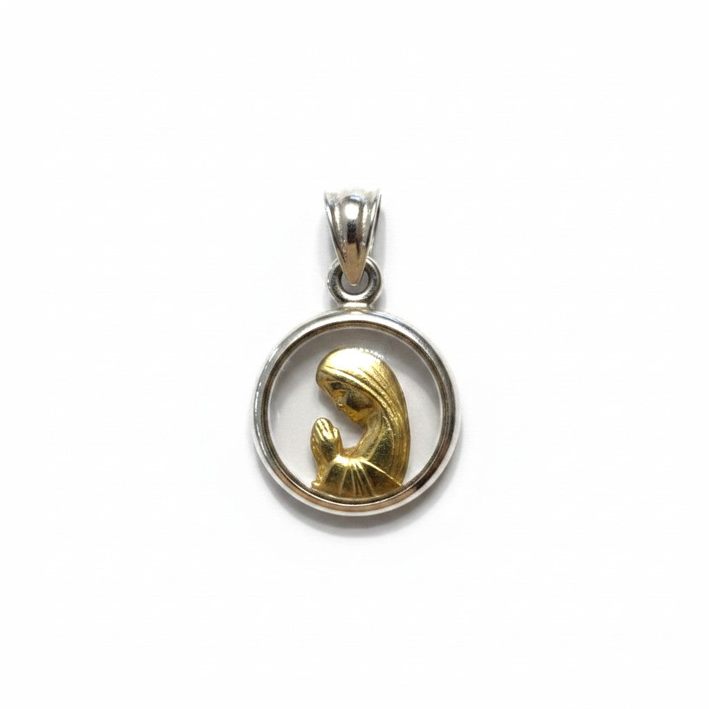 Sophia Schneider Joyas round medal with praying Virgin Mary in gold and crystal, 12mm.